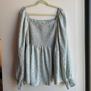 Chic Soul blue/green floral smocked blouse, 2XL